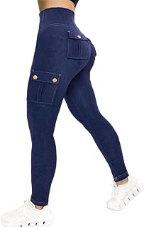 CHICME Women's High Waisted Jeggings Butt Lifting Stretch Cargo Leggings Skinny Workout Running Pants with Flap Pockets