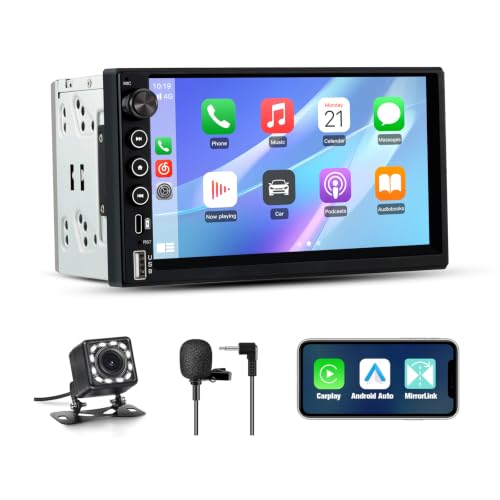 Junsun Autoradio 2 DIN Universel avec Écran Tactile, CarPlay & Android Auto sans Fil, Bluetooth, GPS, FM, USB, Type-C, Commandes au Volant