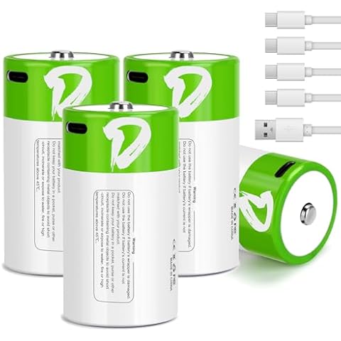 seyyen Lithium Rechargeable D Batteries 4 Pack,7500mWh High Capacity 1.5V Constant Voltage Li-ion D Batteries with 4 in 1 USB-C Charge Cable Cover