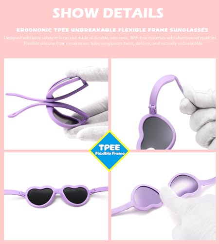 Image of Flexible Heart Shaped Baby Polarized Sunglasses with Strap Adjustable Toddler & Infant Age 0-24 Months