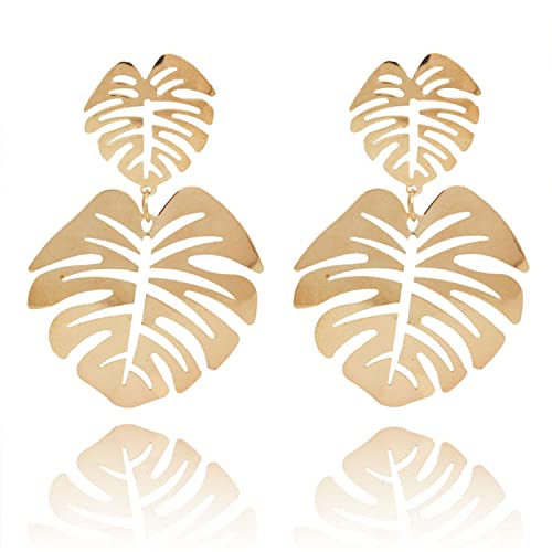 Qupengxu Personality Palm Leaf Drop Dangle Earrings Bohemia Tropical Monstera Leaves Earrings For Women Girls (Gold) #TOP5