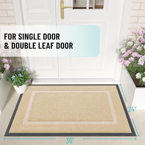 OLANLY Front Door Mat Indoor Outdoor Entrance, Waterproof All-Season, All-Weather Doormat, Sturdy Natural Rubber, Fade Resistant, Low Profile, Easy Clean Patio Porch Entryway Mat, 36x24, Beige