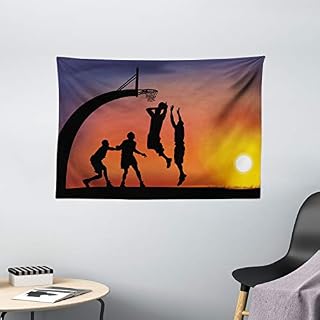 Ambesonne Teen Room Tapestry, Boys Playing Basketball at Sunset Horizon Sky with Dramatic