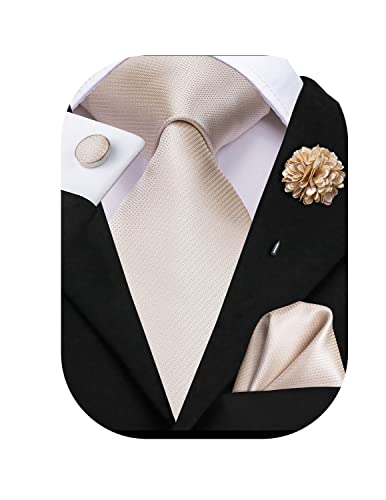 Image of Hi-Tie Beige Ties for Men Silk Solid Mens Tie Pocket Square Cufflinks Lapel Pin Set 4 PCS Necktie for Wedding Business