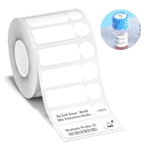 NIIMBOT Etiketten für Flüssigstickstoff-Umgebungen (-198°C), selbstklebendes Etikettenband für M2, 36,5 x 9,5mm Thermotransfer-Etiketten für wissenschaftliche Forschung, Labor, Biomedizin, Weiß