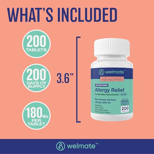 WELMATE Allergy Relief | Fexofenadine HCl 180 mg | Non-Drowsy Antihistamine | 200 Count Tablets