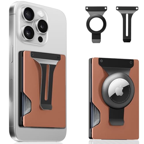 Magnetic Phone Wallet Compatible with Apple MagSafe - Metal Card Holder with AirTag Holder, RFID Blocking&Money Clip Mag Safe Wallet for iPhone 18 17 16 15 14 13 12 Pro Max/Pro/Plus/Mini,Coffee Color