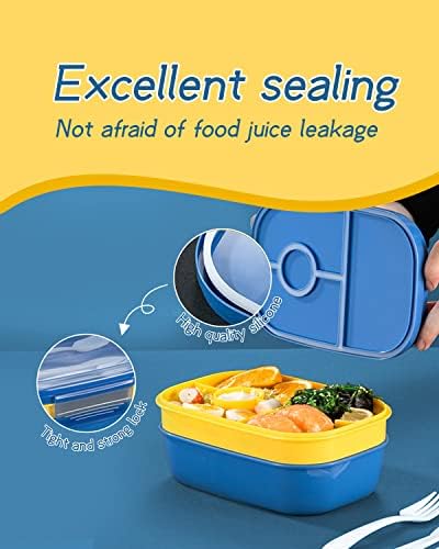 Rantizon Lunch Box, 1900ML Bento Box Leakproof Food Container with 5 Compartments BPA Free Microwav Dishwasher Safe with Spoon Fork Fresh-Keeping Bento Lunch Box for Adults Kids Blue Yellow