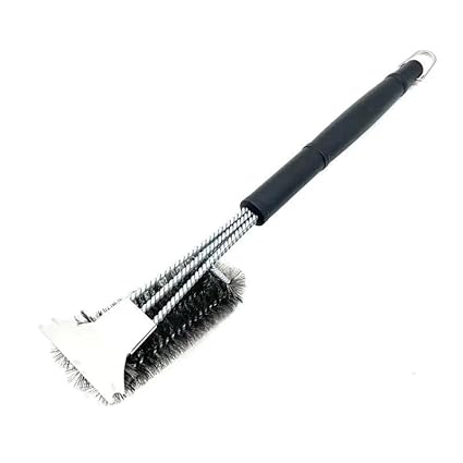 AMDROZ Three-Head Stainless Steel Barbecue Cleaning Brush for Cast Iron Grate, with A Scraper Wire Brush Sauce Barbecue Accessories Brush with a Plastic Handle for Outdoor Picnic Gas Electric Grill.