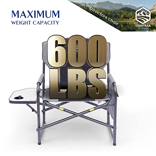 Coastrail Outdoor Xxl Oversized Director Chair Supports 600Lbs, 28" Wide Fully Back Padded For Adults Heavy Duty Folding Camping Chair With Side Table & Storage Pocket, Black #TOP3