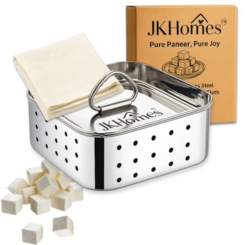 JKHomes Paneer Maker Steel | Stainless Steel Paneer Maker Mould Press with Muslin Cloth | Paneer Press for Homemade Paneer & Tofu | Rust Resistant, Easy to Clean (500ml)