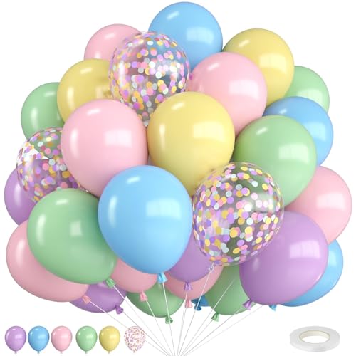 Pastel Balloons,12 Inch Macaron Pink Blue Purple Green Yellow Colorful Confetti Balloons with Ribbon,for Birthday Baby Shower Engagement Party Decorations
