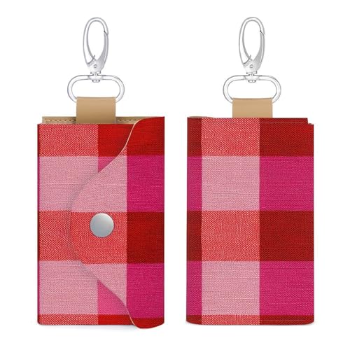Pink And Vibrant Red Squares Pattern Key Holder Bag PU Leather ID Card Holder Keychains Case Cover for Men Women3