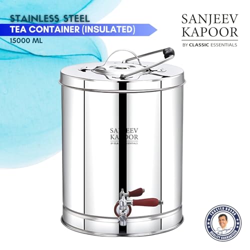 Image of Sanjeev Kapoor by Classic Essentials Stainless Steel Tea Container Liters with Leak Proof Tap | Milk | Soups | Coffee Tea Pot | Eco Friendly Hot & Cold Tea Pot Dispenser (15L)