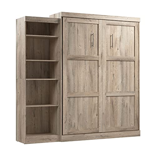 Bestar Pur Queen Murphy Bed with Shelving Unit, 90-inch Space-Saving Sleeping Arrangement for Multipurpose Room in Rustic Brown
