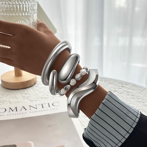 MOZAKA 4PCS Chunky Gold Bangle Bracelets for Women Trendy Wide Wrist Cuff Bracelets Stack Statement Bangle Fashion Jewelry Gift4