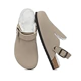 Gvimenos Suede Clogs for Women Fur Lined Leather Mules with Comfort Cork Footbed and Arch Support, Taupe Furlined 5
