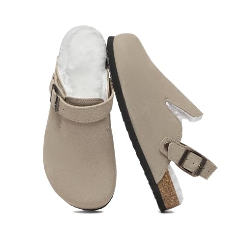 Gvimenos Suede Clogs for Women Fur Lined Leather Mules with Comfort Cork Footbed and Arch Support, Taupe Furlined 5