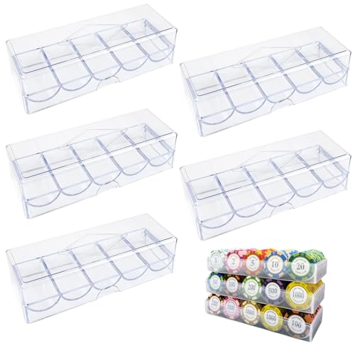 BeVistoso Boîte à jetons de Poker 5 pièces, Plateau à jetons de Poker en Plastique Transparent avec Couvercle, vitrine Rangement Multi-Usage pour Les Jeux Hasard, Les fêtes ou la Maison