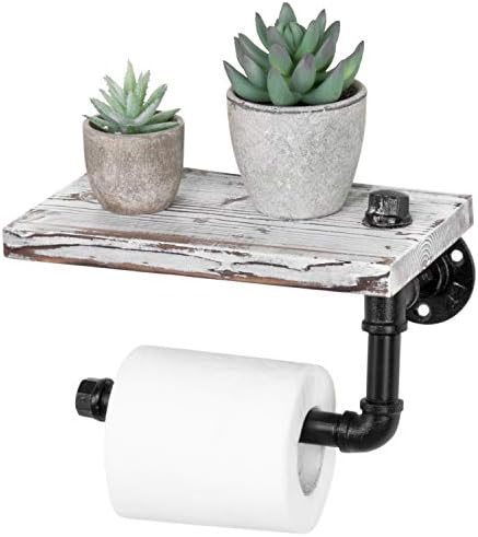 MyGift Wall Mounted Toilet Paper Holder with Industrial Metal Pipe Bar and Whitewashed Solid Wood Floating Display Shelf