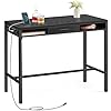 VASAGLE Bar Table with Power Outlets, 39.4 Inches Long Bar Height Pub Table, Rectangular High Top, with Movable Drawer, 2 Hooks, Narrow Storage for Kitchen, Dining, Entryway, Ebony Black