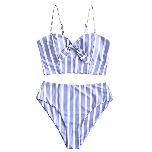 ZAFUL Women's Striped Ruffle High Waisted Two Pieces Tankini Set Swinsuit (Pastel Blue, L)