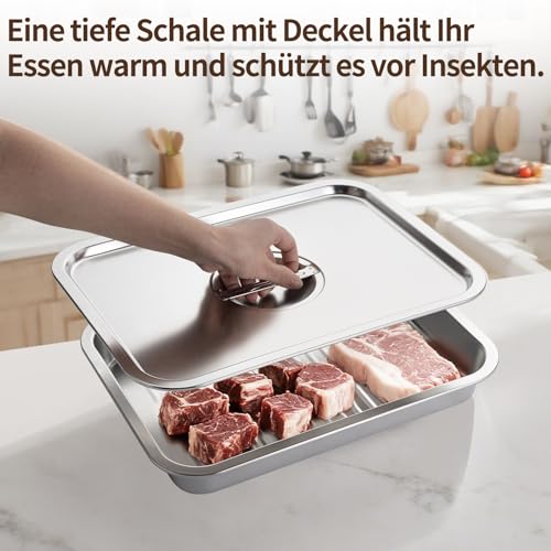 Grill Servierplatte mit Deckel und Vorbereitungs, 5 teiliges Grillschale Edelstahl Set,Vorbereitungsschale Marinierplatte Edelstahl Schneidebrett Abtropfgestell für BBQ Camping, Backen, Kochen