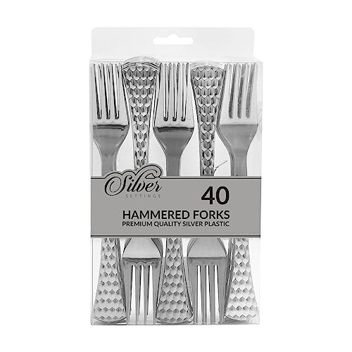 Party Bargains Disposable Hammered Silverware Forks, 40 Count, Silver, Heavy Duty Plastic Flatware Cutlery Utensils, Excellent For Weddings, Birthdays, Parties, Buffets, Catering Service #TOP25