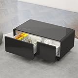 Gagawin Smart Coffee Table with Fridge and Bluetooth, Smart Refrigerator Table with Dual Speakers, 15W Wireless Charger, Touch Control Panel, USB Port, Atmosphere Light and More, LT90 Pro-Black
