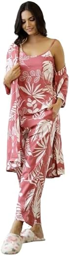 Women's 3-Piece Tropical Print Pajama Set, Pink and White Floral Pattern, Cami Top with Pants and Robe, Sleepwear Loungewear
