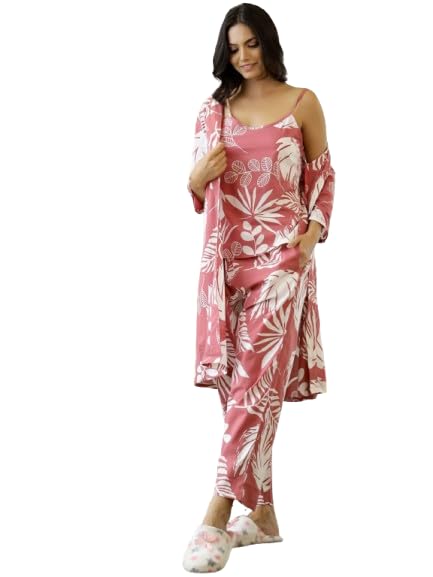 Women's 3-Piece Tropical Print Pajama Set, Pink and White Floral Pattern, Cami Top with Pants and Robe, Sleepwear Loungewear - Review, Price and Buying Guide