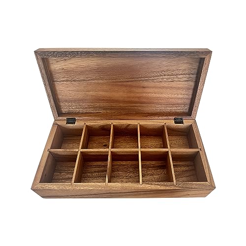 Ironwood Gourmet Acacia Wood Tea Box, XL Rectangular Tea Chest, 10 Compartment