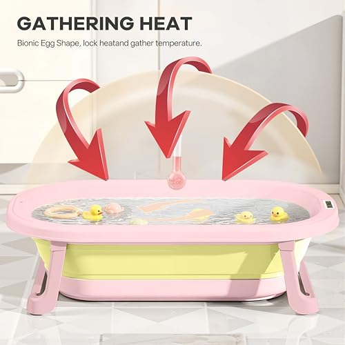 Image of Cockatoo-Kids DripDrop Foldable Baby Bath Tub with Thermistor, Pillow & Soap Box - Portable Newborn to 6 Years Tub, Non-Toxic PP, Anti-Slip Base, 40kg Capacity - Travel & Home Use, Pink & Yellow