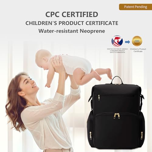 CEI-CEI Neoprene Diaper Bag Backpack with Changing Pad, Large Newborn Baby Maternity Bags Travel Tote with Insulated Pockets (Black)