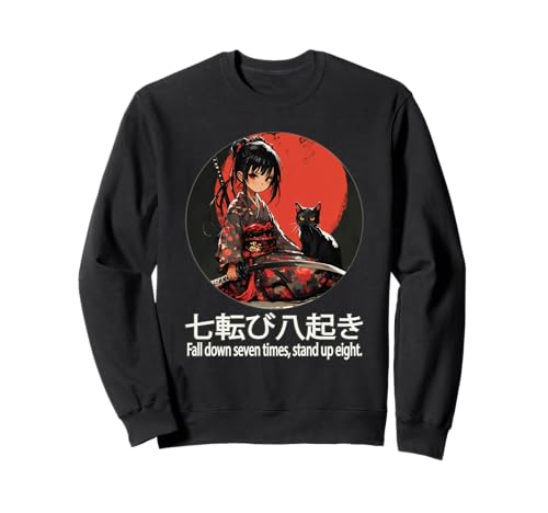 Japonés Samurai Chica con Espada y Kawaii Anime Gato Negro Sudadera