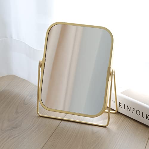Espejo de maquillaje de mesa rectangular doble cara dorado miniatura 3