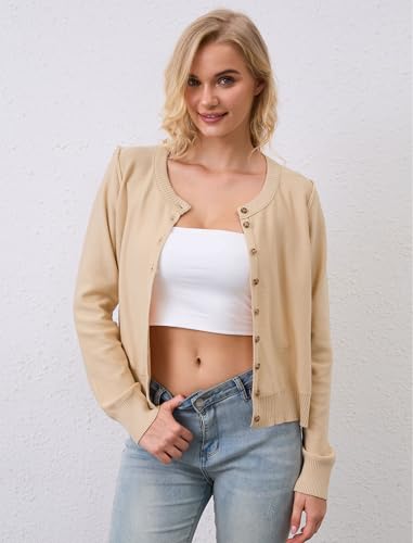Image of Women's Button Down Crew Neck Cardigan Soft Classic Long Sleeve Knitted Sweater Casual Solid Knit Tops 2024 Trendy Fashion Fall Outfits Clothes - Apricot M