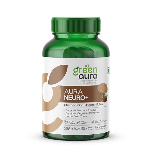 Image of Green Aura Neuro+ Ayurvedic Brain Supplement for Memory, Focus & Clarity | Herbal Capsules with Brahmi, Ashwagandha, Shankhpushpi & Gotu Kola | Mental Energy & Nerve Health - 60 Veg Capsules
