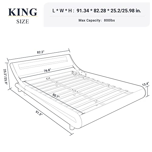 Allewie King Size Led Platform Bed Frame With Adjustable Headboard/No Box Spring Need/Easy Assembly/Faux Leather In Grey #TOP1