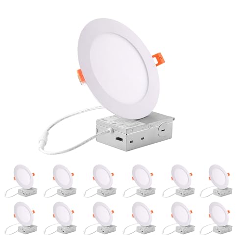 Image of ZYC Recessed Lighting 6 Inch - 12W Ultra-Thin LED Ceiling Lights,2700-5000K Selectable,5CCT Dimmable Canless Wafer Downlight,1100LM Hight Brightness,Dimmable Can Light,Pack of 12 White.