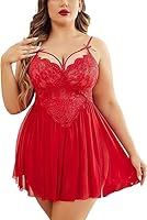 XCUTE Plus Size Lingerie Lace Babydoll Womens Strap Chemise Nightgown V Neck Nighty Mesh Sleepwear Side Slit Nightdress (XXX-Large, Red)