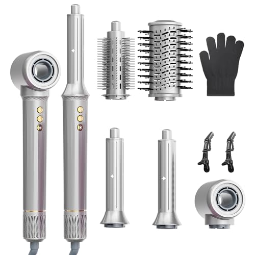 REITOW 5-in-1 Blow Dryer Brush Set - 110,000 RPM High Speed Hair Dryer & Airbrush Hair Multi Styler - No Heat Damage Auto Wrap Air Curler - Magic Hot Air Styler for at Home Styling Women Gray