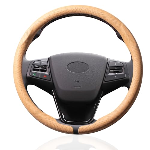 EIING ハンドルカバー 車用 軽自動車 ステアリングカバー 汎用 本革 おしゃれ 通気性がよい 汚れ防止 滑り防止 オールシーズン対応 普通車 ハンドル 保護カバー 超薄型 S・M兼用 内装パーツ 車用品 車アクセサリー D型 円形 取付簡単 36.5～38CM 兼用 (ベージュ, C型)