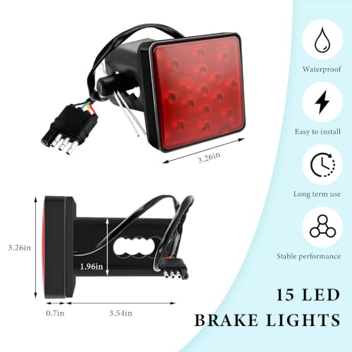 Image of 15 LED Brake Light Trailer Hitch Cover, 12V Smoked Lens Square Brake Tail Light Fit 2 inch Receiver, Waterproof LED Towing Hitch Lights Exterior Accessories for Truck Trailer SUV (Red)