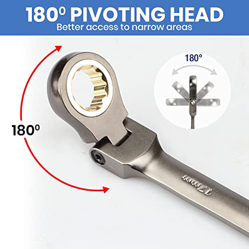 Yotoo 14-Piece Flex Head Ratcheting Combination Wrench Set - Metric (6-19Mm) - Nickel Plating Ratchet Wrenches With Roll Up Pouch - High-Quality Cr-V Construction #TOP3