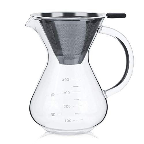 Pour Over Coffee Maker, Reusable 400ml Borosilicate Glass Hand Drip Manual Dripper Brewer Pot with Scale Permanent Filter Paperless Portable Tools for Travel Camping Hiking Office Home Restaurant Gift