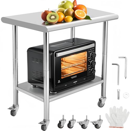 Stainless Steel Work Table, with Wheels 24 x 30 x 35 in Prep Table with 4 Casters Heavy Duty Work Table for Commercial Kitchen Restaurant Business, Si