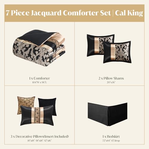 Image of CozyDH Black Gold Jacquard Comforter Set California King - 7 Piece Luxury Bed in a Bag Vintage Damask Patchwork, All Season Down Alternative Bedding with Bed Skirt, Shams, Decor Pillows, 104x96 in
