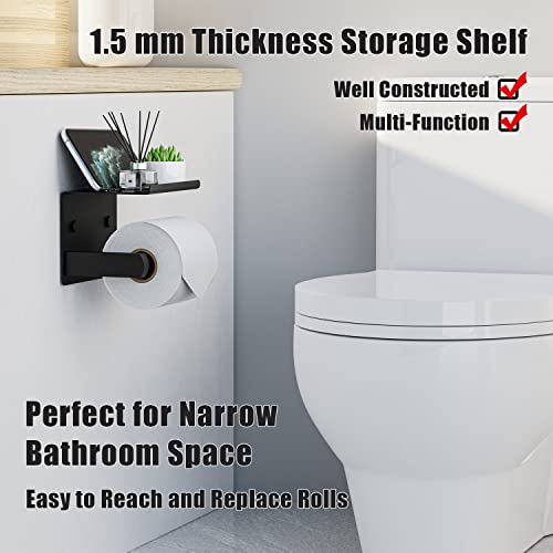 Tindbea Toilet Paper Holder With Phone Shelf, Adhesive Or Screw Wall Mount Toilet Tissue Roll Holder, Rustproof & Multifunctional Stainless Steel Bathroom Storage Dispenser (Matte Black) #TOP4