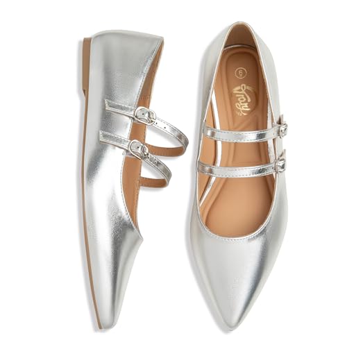 Image of Trary Flats for Women Mary Jane Shoes Women Closed Pointed Toe Ballet Flats Comfortable Slip on Dressy Adjustable Strap Cute Walking Office PU Leather Mary Janes Flat Shoes
